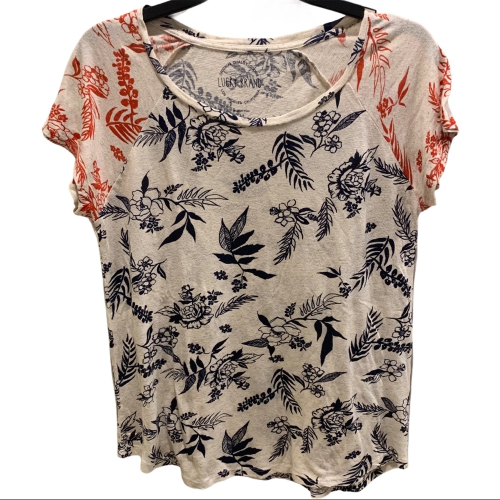 Lucky Brand Cream Floral Print Short Sleeve Tee with Red Accent Sleeves